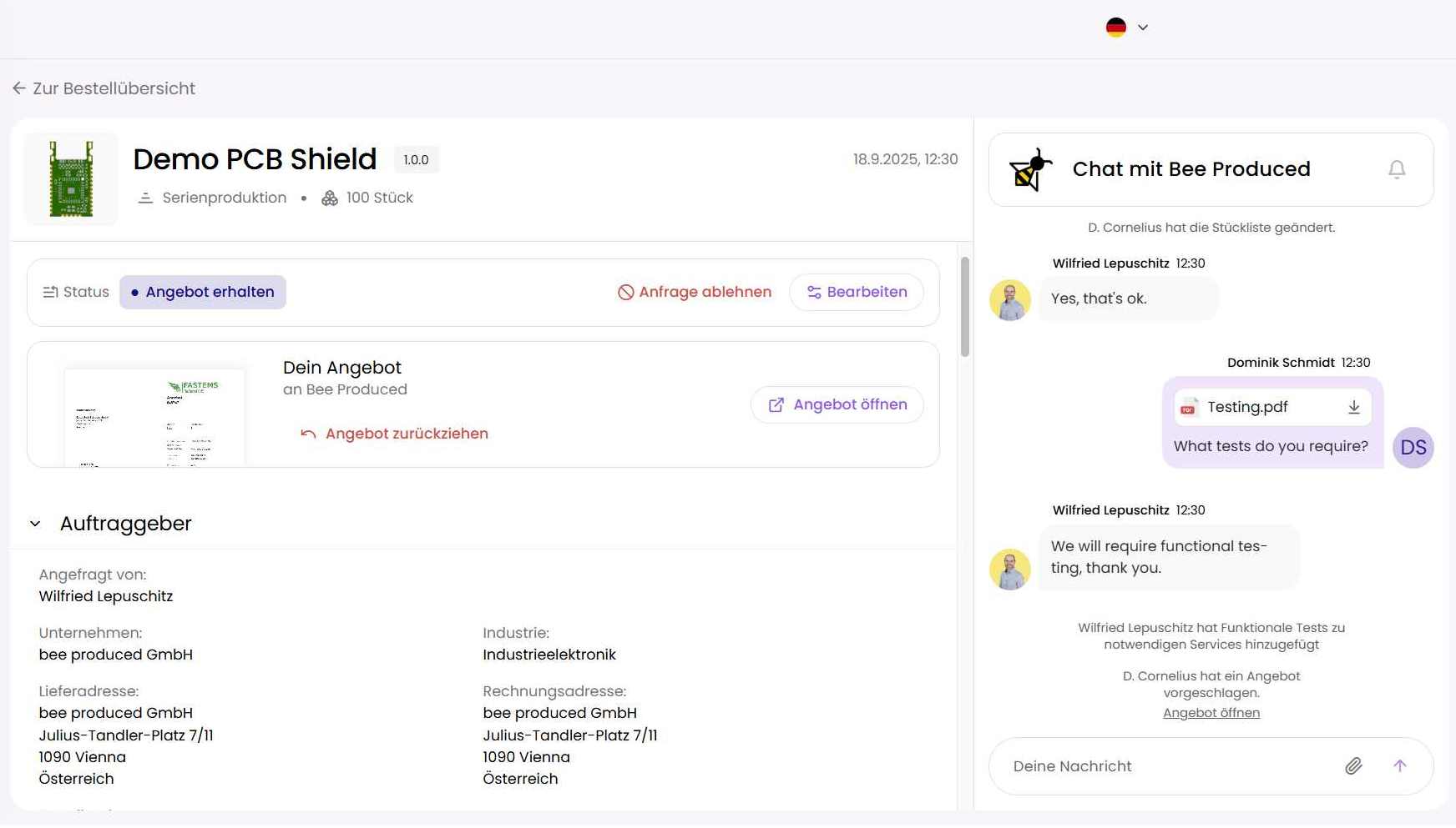 EMS Portal Auftrag und Chat